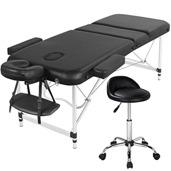 Yaheetech Ensemble de Table de Massage avec Tabouret de Massage à roulettes Réglable 46,5-61 cm Pivotant Lit de Massage Pliable réglable en Hauteur avec appuie-tête Noir – Image 2
