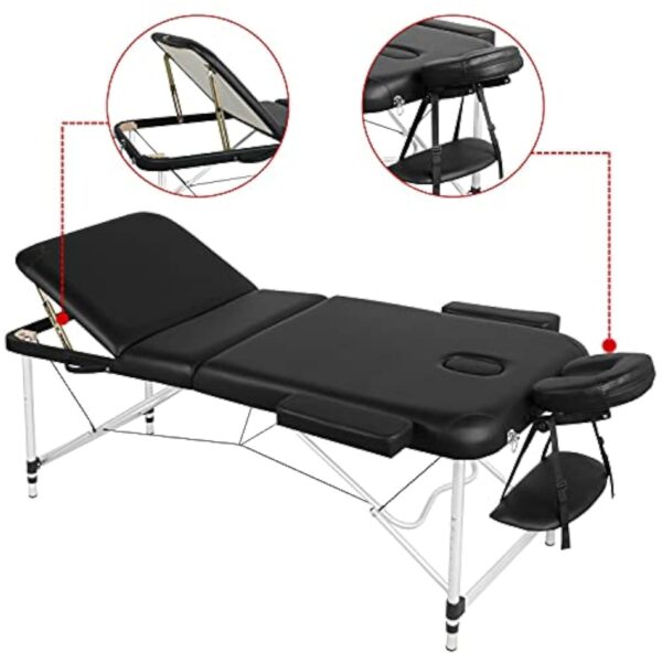 Yaheetech Ensemble de Table de Massage avec Tabouret de Massage à roulettes Réglable 46,5-61 cm Pivotant Lit de Massage Pliable réglable en Hauteur avec appuie-tête Noir – Image 4