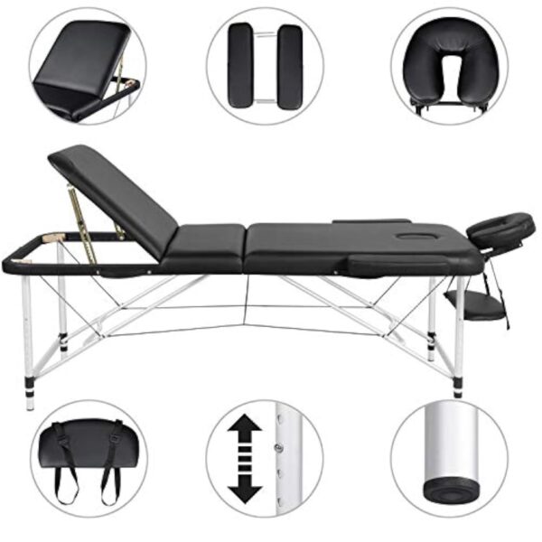 Yaheetech Ensemble de Table de Massage avec Tabouret de Massage à roulettes Réglable 46,5-61 cm Pivotant Lit de Massage Pliable réglable en Hauteur avec appuie-tête Noir – Image 7