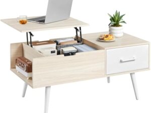 Yaheetech Table Basse à Plateau Relevable, Table de Salon avec Tiroirs Ouverts en Tissu Pliable, Hauteur Réglable avec Compartiment de Rangement Caché pour Salon Bureau Chambre, Bois Clair