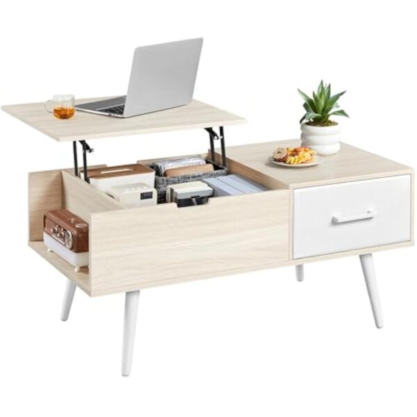 Yaheetech Table Basse à Plateau Relevable, Table de Salon avec Tiroirs Ouverts en Tissu Pliable, Hauteur Réglable avec Compartiment de Rangement Caché pour Salon Bureau Chambre, Bois Clair – Image 2