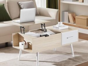 Yaheetech Table Basse à Plateau Relevable, Table de Salon avec Tiroirs Ouverts en Tissu Pliable, Hauteur Réglable avec Compartiment de Rangement Caché pour Salon Bureau Chambre, Bois Clair