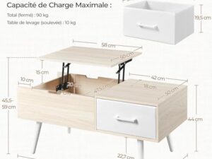 Yaheetech Table Basse à Plateau Relevable, Table de Salon avec Tiroirs Ouverts en Tissu Pliable, Hauteur Réglable avec Compartiment de Rangement Caché pour Salon Bureau Chambre, Bois Clair