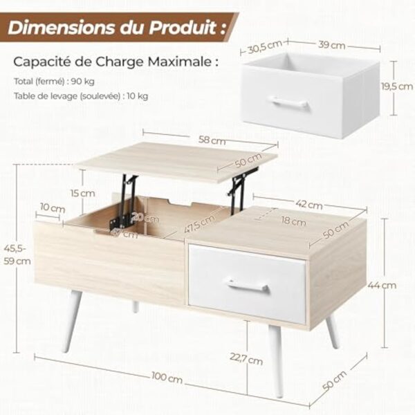 Yaheetech Table Basse à Plateau Relevable, Table de Salon avec Tiroirs Ouverts en Tissu Pliable, Hauteur Réglable avec Compartiment de Rangement Caché pour Salon Bureau Chambre, Bois Clair – Image 4