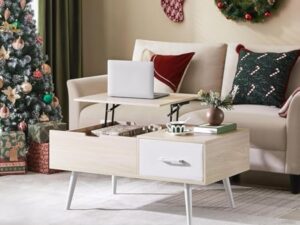 Yaheetech Table Basse à Plateau Relevable, Table de Salon avec Tiroirs Ouverts en Tissu Pliable, Hauteur Réglable avec Compartiment de Rangement Caché pour Salon Bureau Chambre, Bois Clair