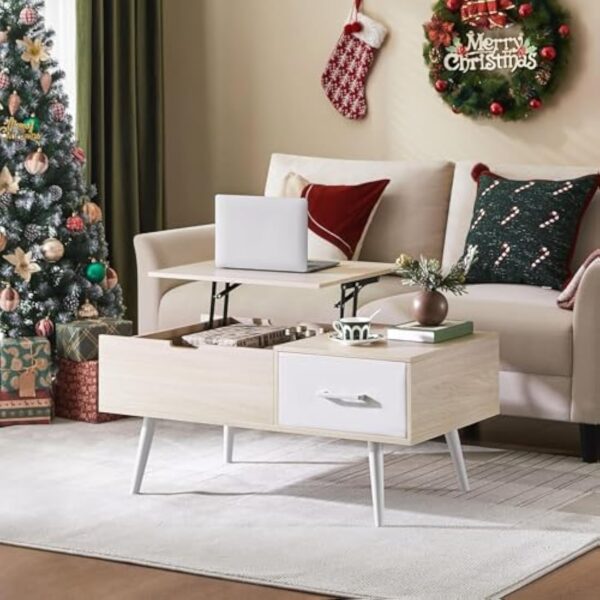 Yaheetech Table Basse à Plateau Relevable, Table de Salon avec Tiroirs Ouverts en Tissu Pliable, Hauteur Réglable avec Compartiment de Rangement Caché pour Salon Bureau Chambre, Bois Clair – Image 5