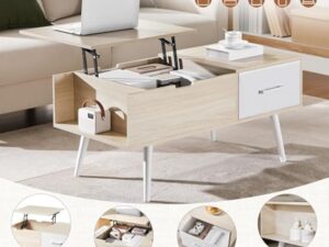Yaheetech Table Basse à Plateau Relevable, Table de Salon avec Tiroirs Ouverts en Tissu Pliable, Hauteur Réglable avec Compartiment de Rangement Caché pour Salon Bureau Chambre, Bois Clair
