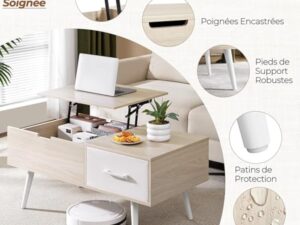 Yaheetech Table Basse à Plateau Relevable, Table de Salon avec Tiroirs Ouverts en Tissu Pliable, Hauteur Réglable avec Compartiment de Rangement Caché pour Salon Bureau Chambre, Bois Clair