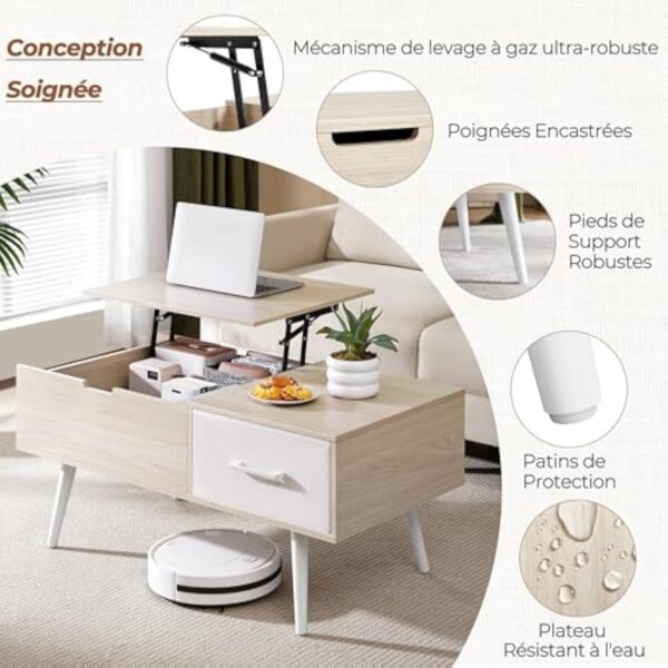 Yaheetech Table Basse à Plateau Relevable, Table de Salon avec Tiroirs Ouverts en Tissu Pliable, Hauteur Réglable avec Compartiment de Rangement Caché pour Salon Bureau Chambre, Bois Clair – Image 7