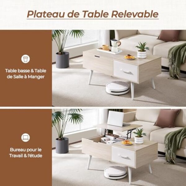 Yaheetech Table Basse à Plateau Relevable, Table de Salon avec Tiroirs Ouverts en Tissu Pliable, Hauteur Réglable avec Compartiment de Rangement Caché pour Salon Bureau Chambre, Bois Clair – Image 10