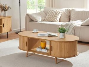 [en.casa] Table Basse avec Portes Coulissantes et Compartiments de Rangement Table d'Appoint Massif Intemporel Style Scandinave Salon Séjour Bureau MDF Bambou Bois 120 x 55 x 40 cm Naturel