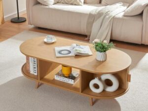 [en.casa] Table Basse avec Portes Coulissantes et Compartiments de Rangement Table d'Appoint Massif Intemporel Style Scandinave Salon Séjour Bureau MDF Bambou Bois 120 x 55 x 40 cm Naturel