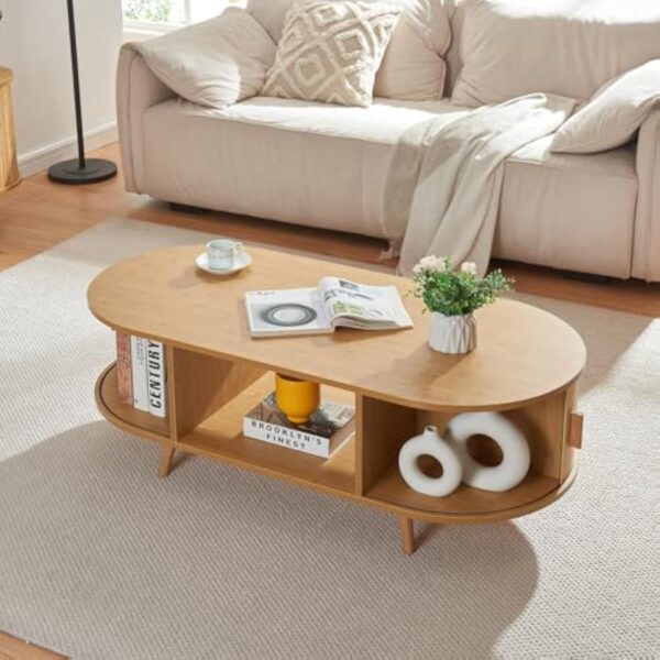 [en.casa] Table Basse avec Portes Coulissantes et Compartiments de Rangement Table d'Appoint Massif Intemporel Style Scandinave Salon Séjour Bureau MDF Bambou Bois 120 x 55 x 40 cm Naturel – Image 4