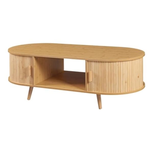 [en.casa] Table Basse avec Portes Coulissantes et Compartiments de Rangement Table d'Appoint Massif Intemporel Style Scandinave Salon Séjour Bureau MDF Bambou Bois 120 x 55 x 40 cm Naturel – Image 5