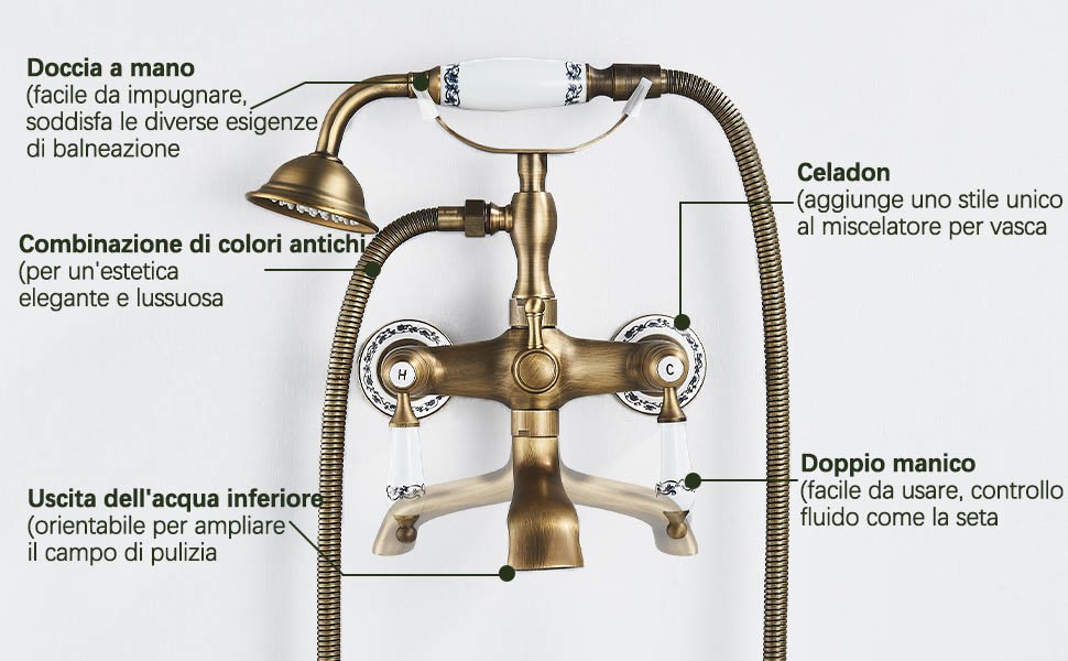 Ensemble de robinets de baignoire-douche en laiton Antique, à double poignée avec douchette et bec pivotant