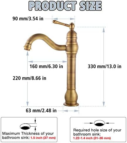 ROWINNAO Robinet Salle de Bain Rétro Laiton Haut, Antique Mitigeur Lavabo Vasque avec bec Hauteur 230 mm, Pivotant à 360°Mitigeur Vasque Salle de Bain, Robinet Lave Main Chaude et Froide, G3/8 Amazon.fr: Bricolage – Image 5