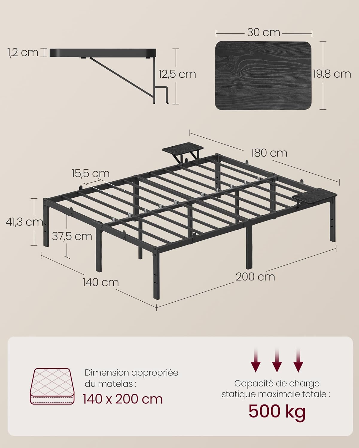 VASAGLE Cadre de Lit 140 x 200 avec Sommier Métal, Cadre en Métal avec Étagères de Rangement, Tête de Lit, pour Adolescents, Montage Facile, Noir Classique RMB094B01 Amazon.fr: Cuisine et Maison – Image 6