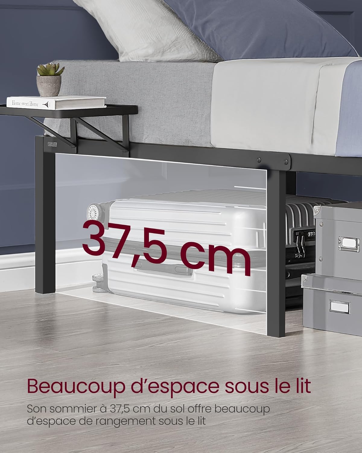 VASAGLE Cadre de Lit 140 x 200 avec Sommier Métal, Cadre en Métal avec Étagères de Rangement, Tête de Lit, pour Adolescents, Montage Facile, Noir Classique RMB094B01 Amazon.fr: Cuisine et Maison – Image 7