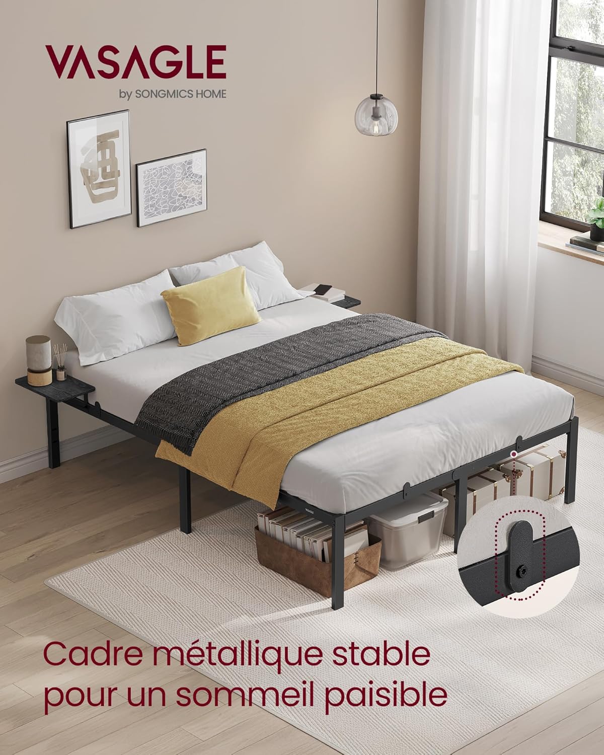 VASAGLE Cadre de Lit 140 x 200 avec Sommier Métal, Cadre en Métal avec Étagères de Rangement, Tête de Lit, pour Adolescents, Montage Facile, Noir Classique RMB094B01 Amazon.fr: Cuisine et Maison – Image 3