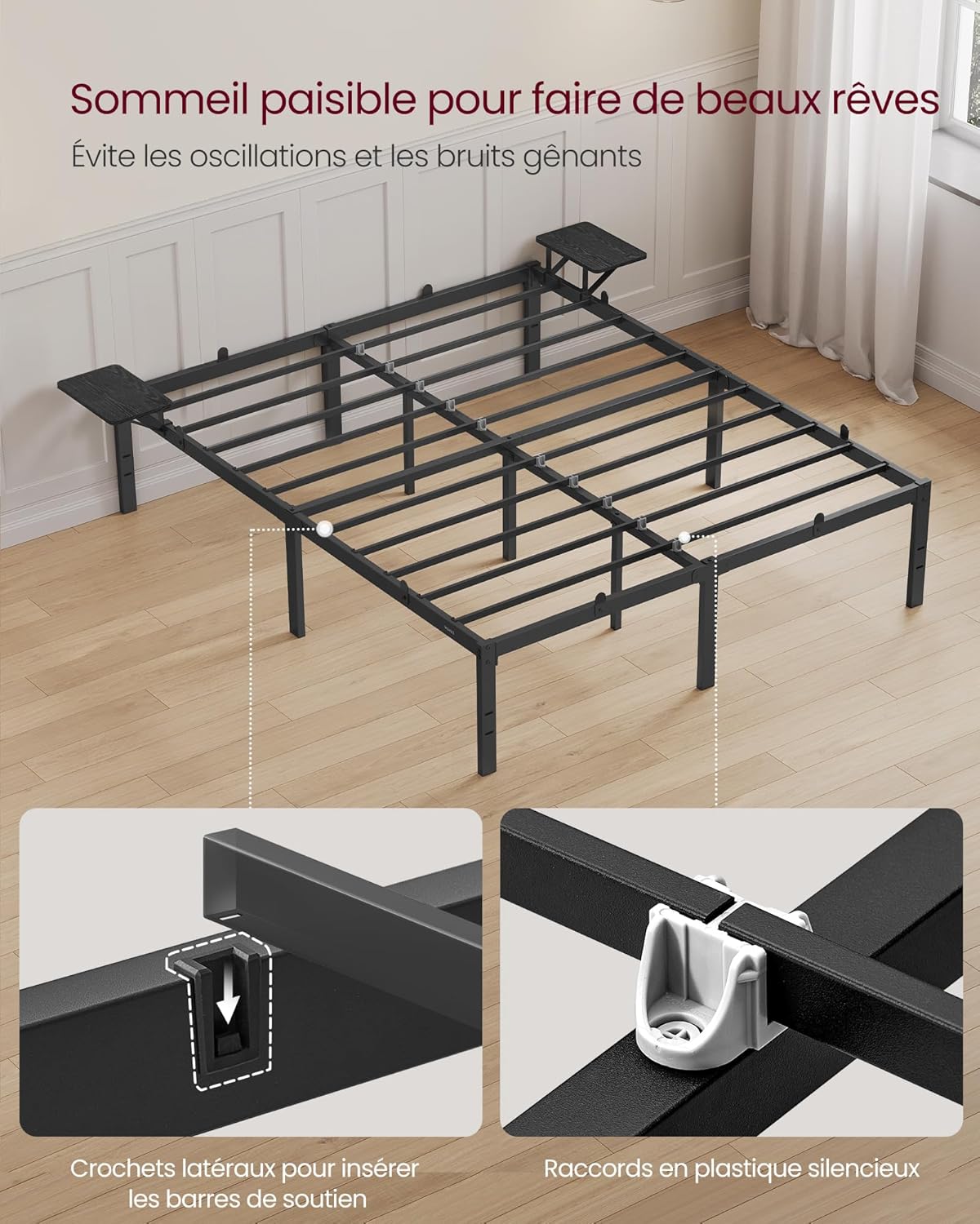 VASAGLE Cadre de Lit 140 x 200 avec Sommier Métal, Cadre en Métal avec Étagères de Rangement, Tête de Lit, pour Adolescents, Montage Facile, Noir Classique RMB094B01 Amazon.fr: Cuisine et Maison – Image 5