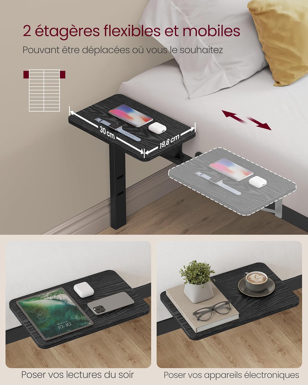 VASAGLE Cadre de Lit 140 x 200 avec Sommier Métal, Cadre en Métal avec Étagères de Rangement, Tête de Lit, pour Adolescents, Montage Facile, Noir Classique RMB094B01 Amazon.fr: Cuisine et Maison – Image 4